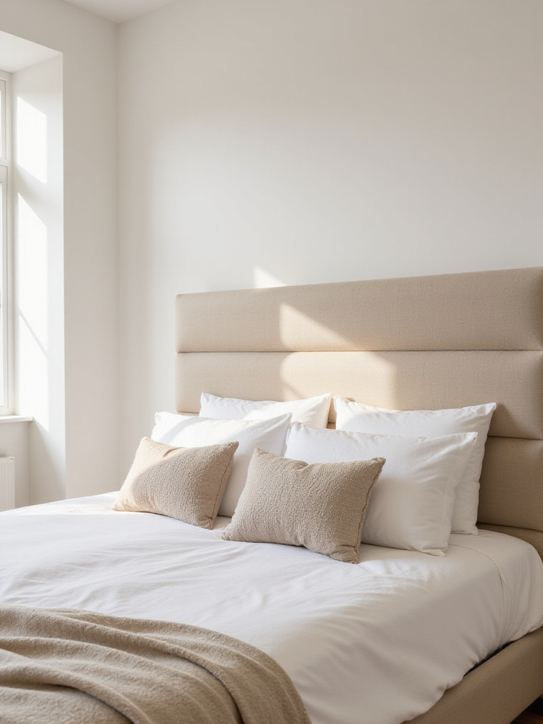 Beige bedroom with a statement upholstered headboard