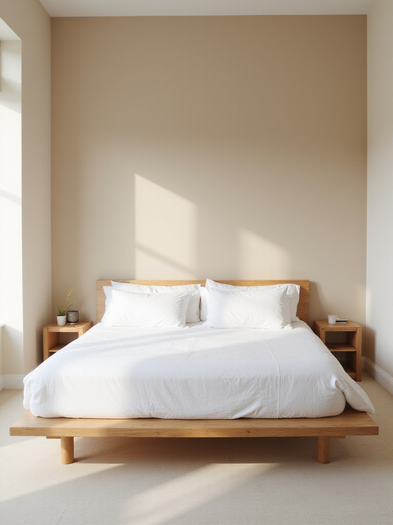 Beige bedroom with a subtle beige accent wall behind the bed.