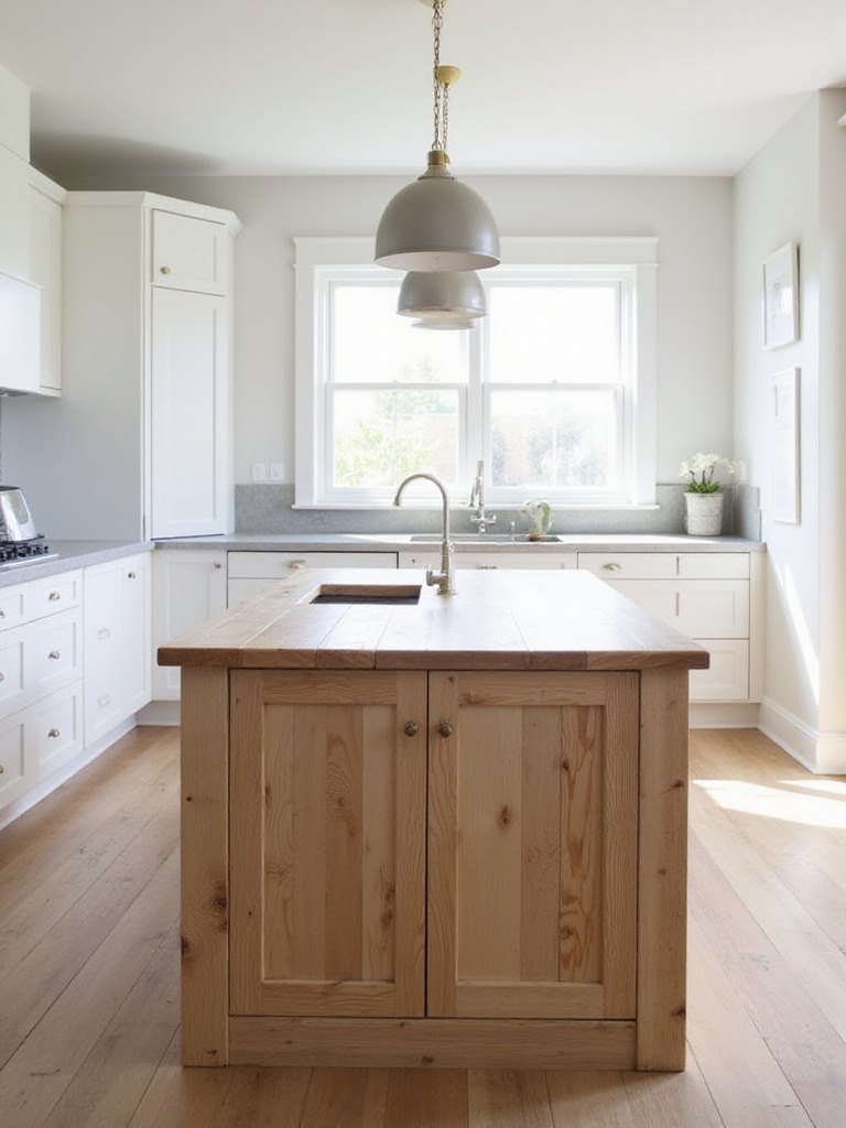 Kitchen island made of natural reclaimed wood with a light gray quartz countertop.