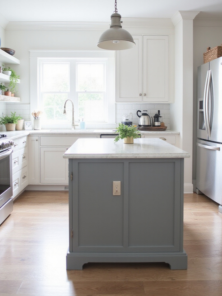 Grey kitchen island with white quartz countertop in a modern kitchen