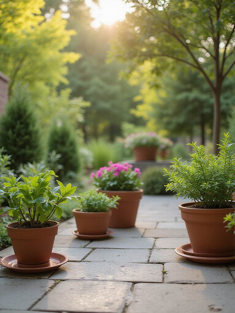Potted plants on a patio, each sitting on a drainage saucer to protect the surface and manage excess water.