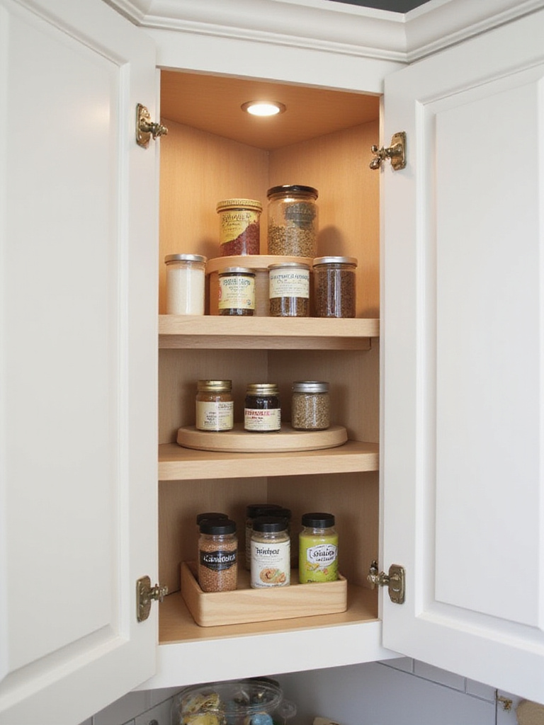 Tiered corner shelf insert inside a kitchen cabinet, organized with spice jars and cans.