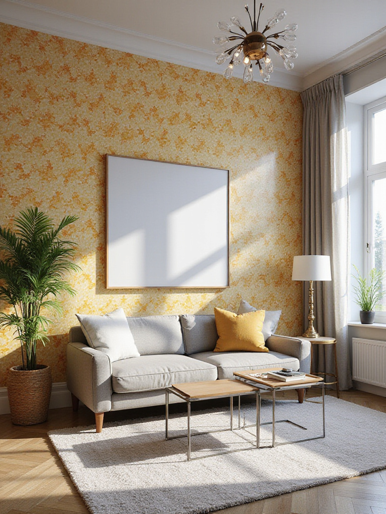A modern living room featuring an accent wall decorated with vibrant geometric peel-and-stick wallpaper behind a sofa and coffee table.