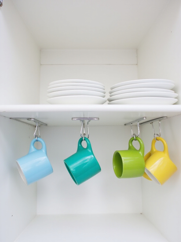 Metal under-shelf hooks installed in a kitchen cabinet, holding various colorful mugs to save space.