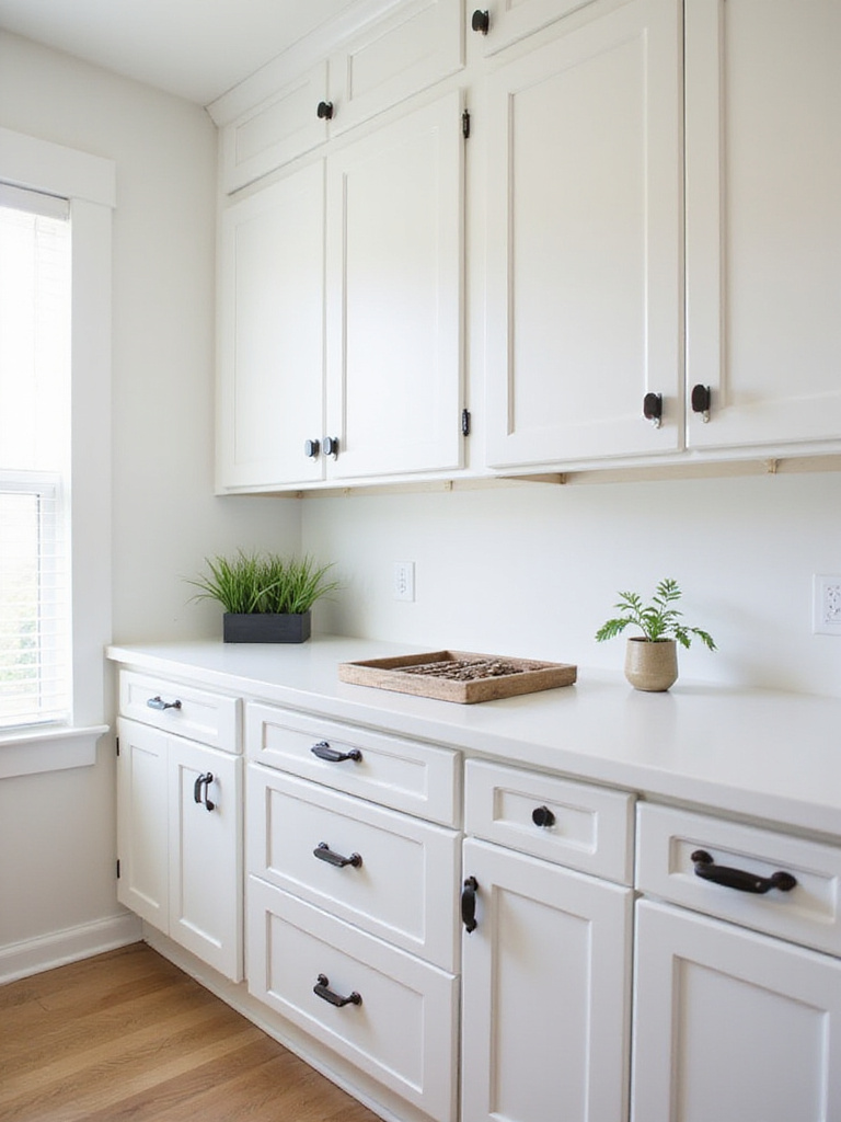 Light-colored kitchen cabinets updated with modern matte black knobs and pulls, showcasing how new hardware enhances style in a small space.