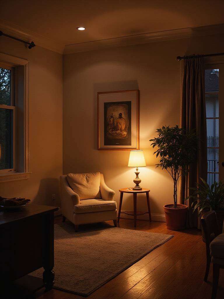 Living room interior at night showcasing layered lighting with ambient, task, and accent lights creating a warm, inviting ambiance.