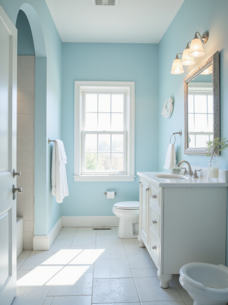 Small bathroom interior with light blue walls and white trim.