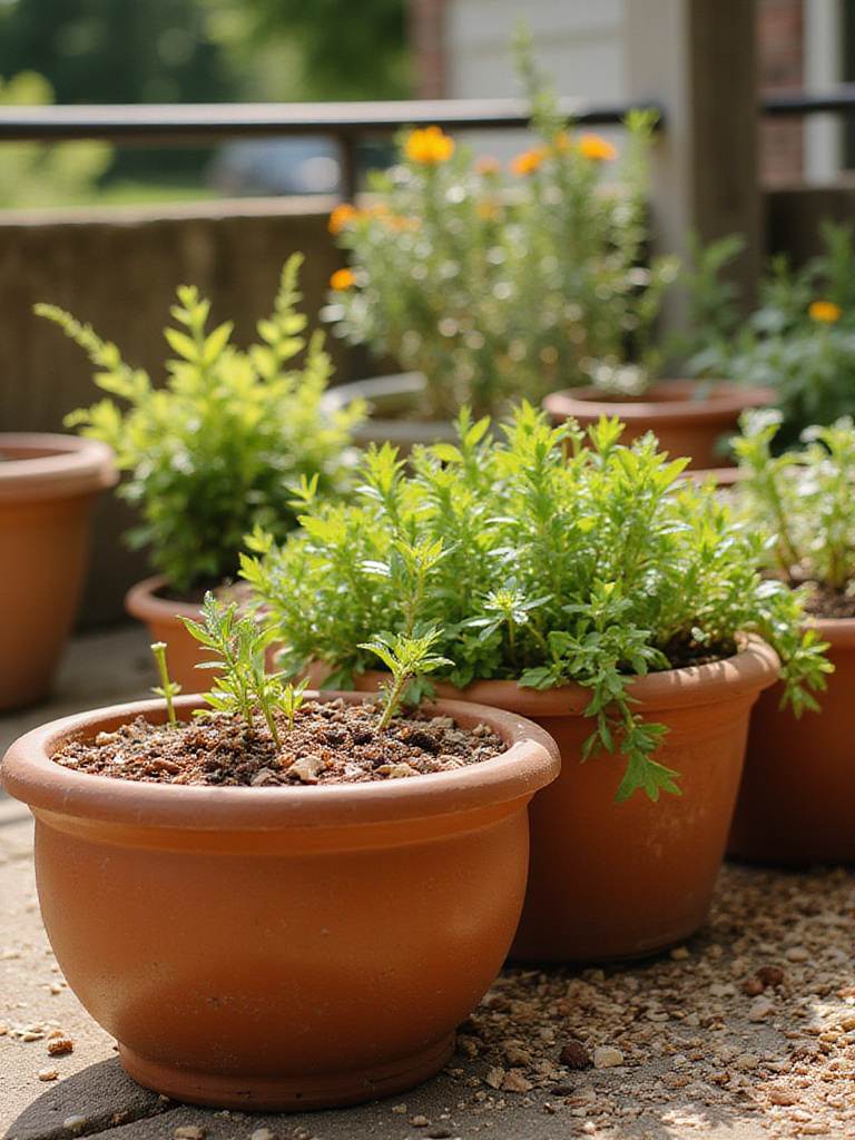 Variety of potted plants on a patio, with the soil surface of each pot covered in a layer of organic mulch to help retain moisture and regulate soil temperature.
