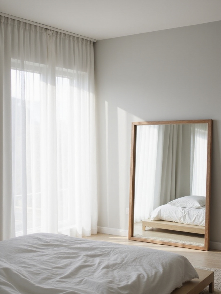 Minimalist bedroom with large mirror reflecting light and creating spacious feel