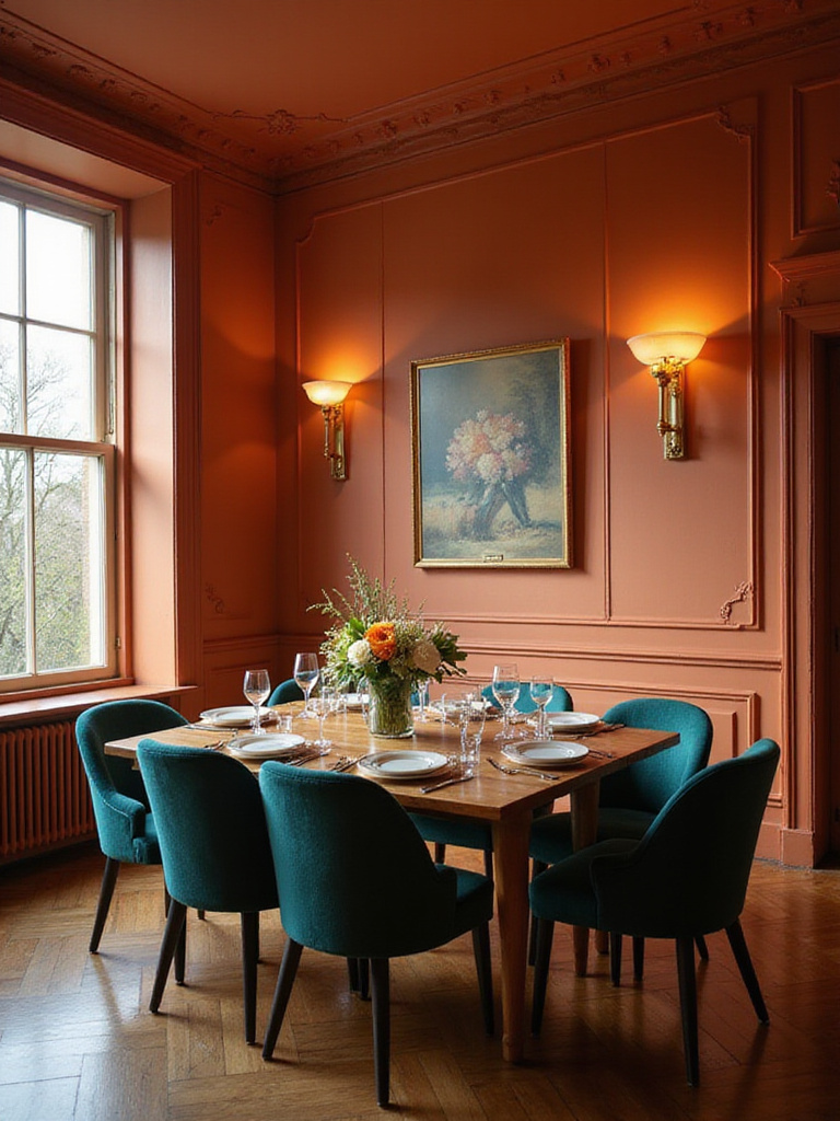 Dining room with warm terracotta walls, teal accents, and a large wooden dining table, creating a cozy and inviting atmosphere.