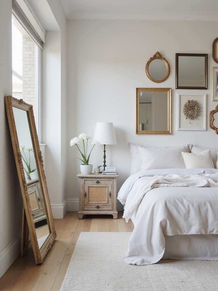 A serene bedroom featuring mirrors used artistically, including a large leaning ornate mirror and a gallery wall of diverse framed mirrors, reflecting light and enhancing the decor.