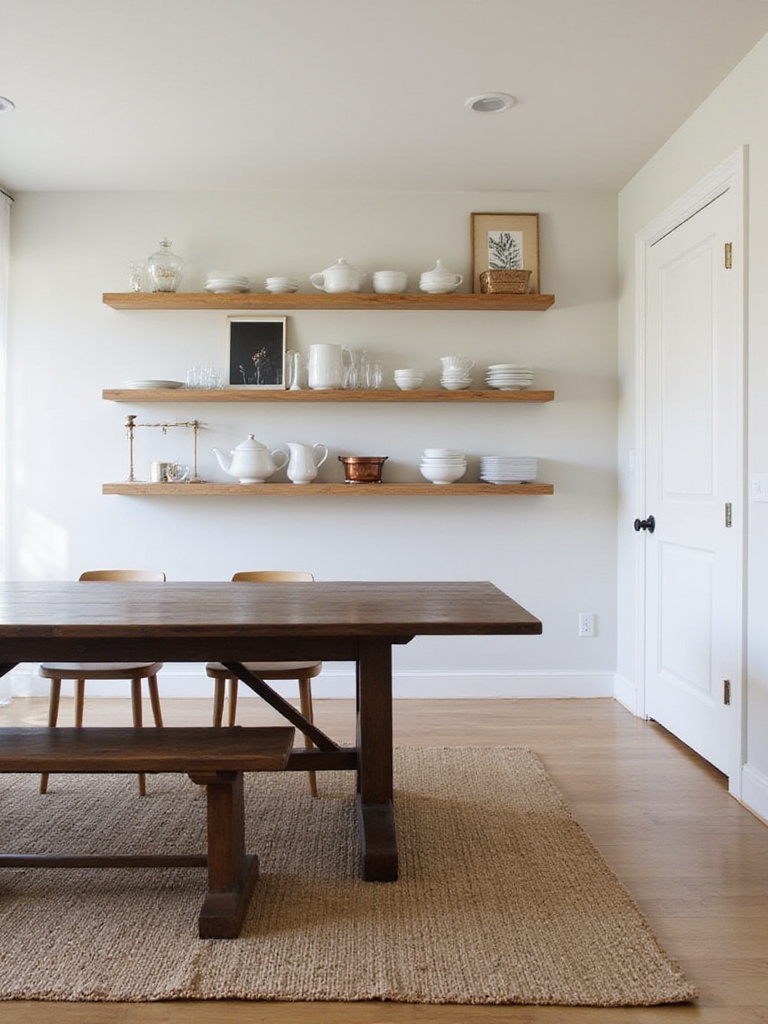 Dining room with open shelving displaying dishware and decorative objects.