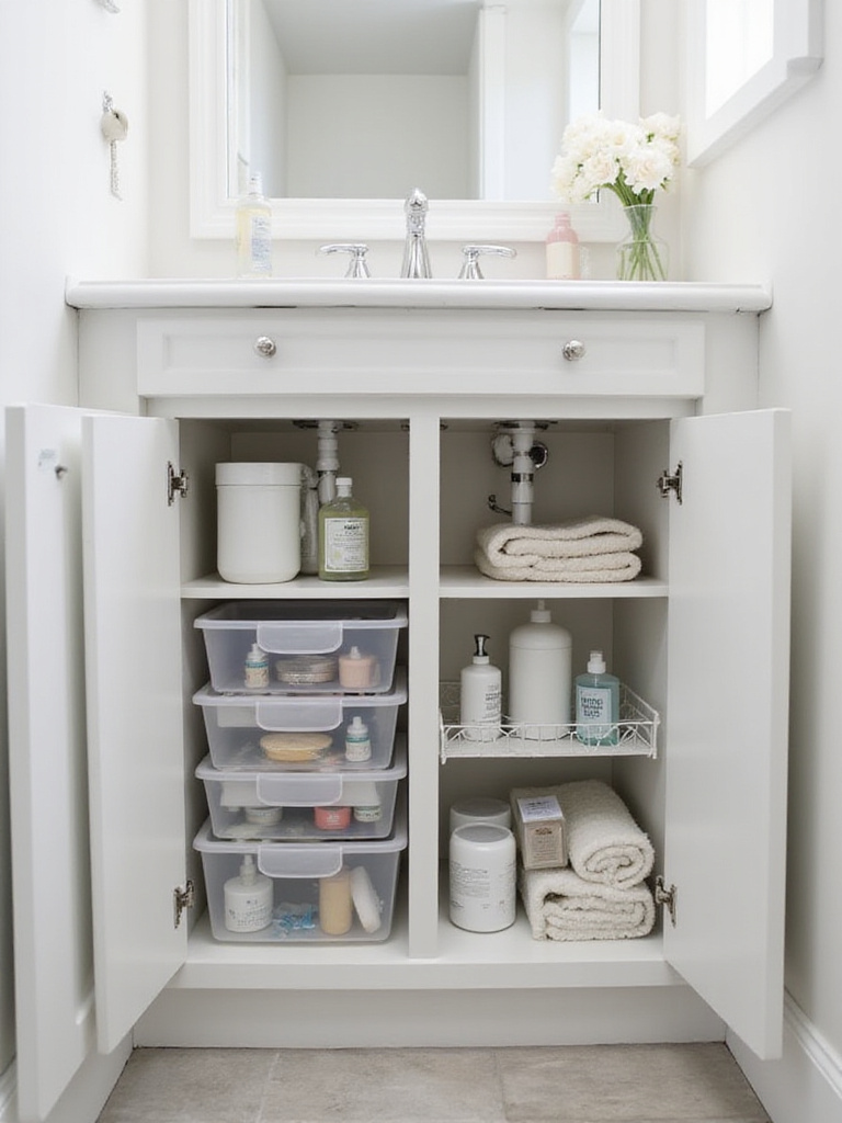 Organized under-sink storage in a small bathroom with clear bins and sliding shelves.