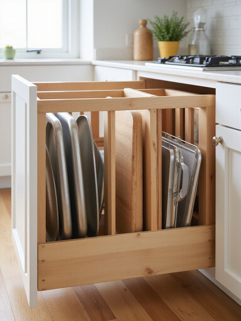 Open kitchen cabinet showing vertical dividers organizing baking sheets, cutting boards, and bakeware.
