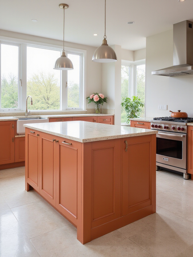 Terracotta kitchen island with marble countertop in a modern kitchen.