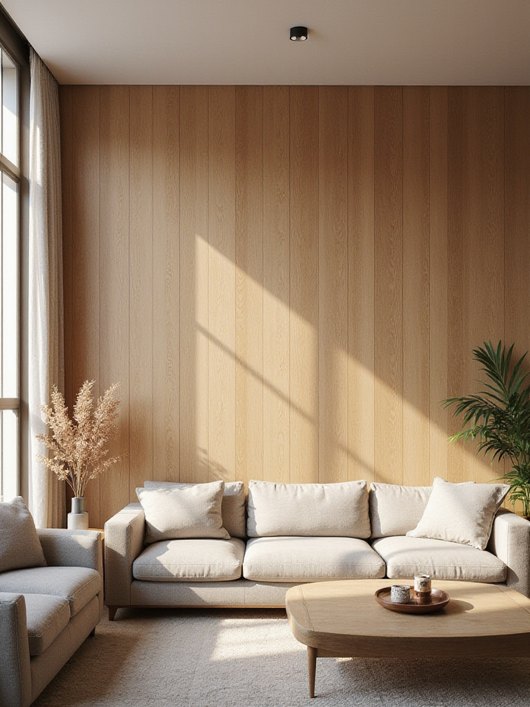 Living room with a feature wall covered in warm, medium oak faux wood paneling wallpaper, creating a cozy and inviting atmosphere.