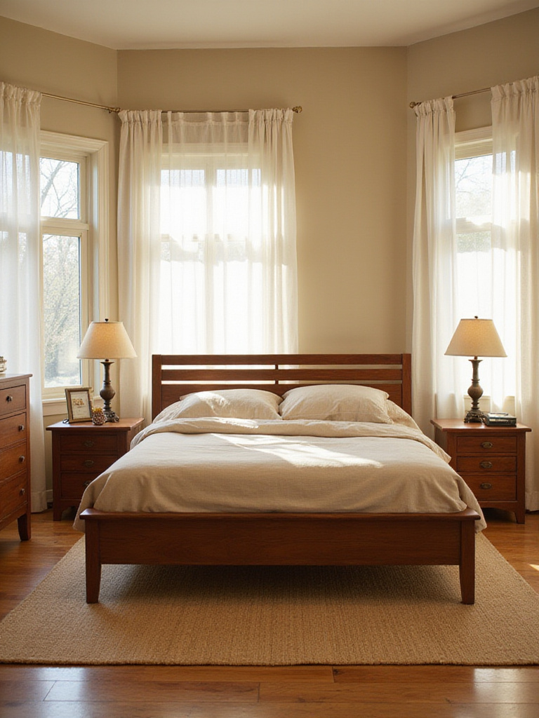 Beige bedroom with warm wood furniture including bed frame and nightstands.