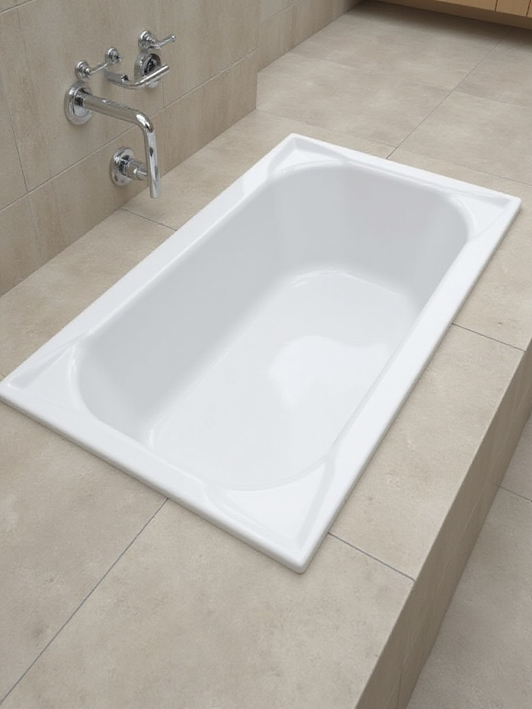 Drop-in bathtub integrated into a custom deck with polished porcelain tiles in a modern bathroom.