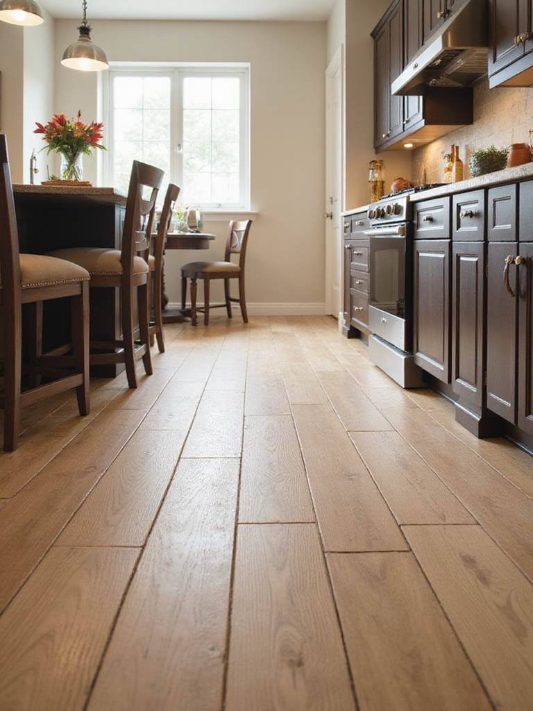 Professional kitchen with wood-look porcelain planks flooring