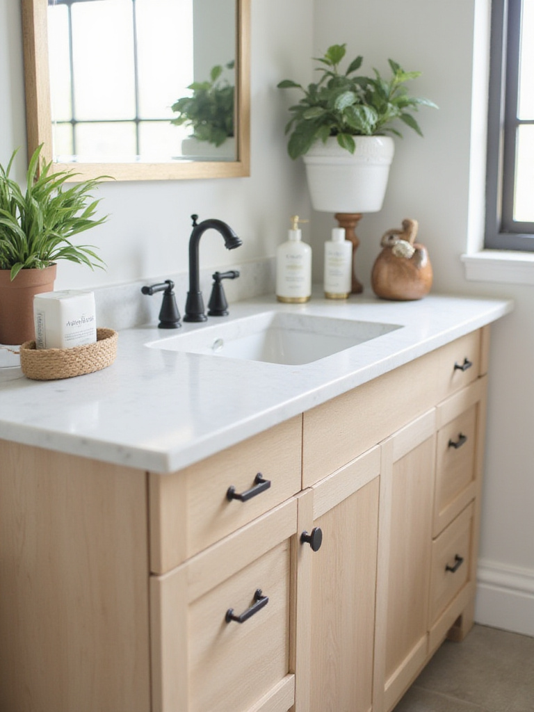 Modern bathroom vanity with updated cabinet hardware in natural lighting