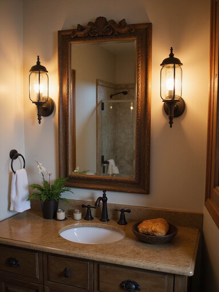 Rustic bathroom with lantern-style sconces providing warm ambient lighting