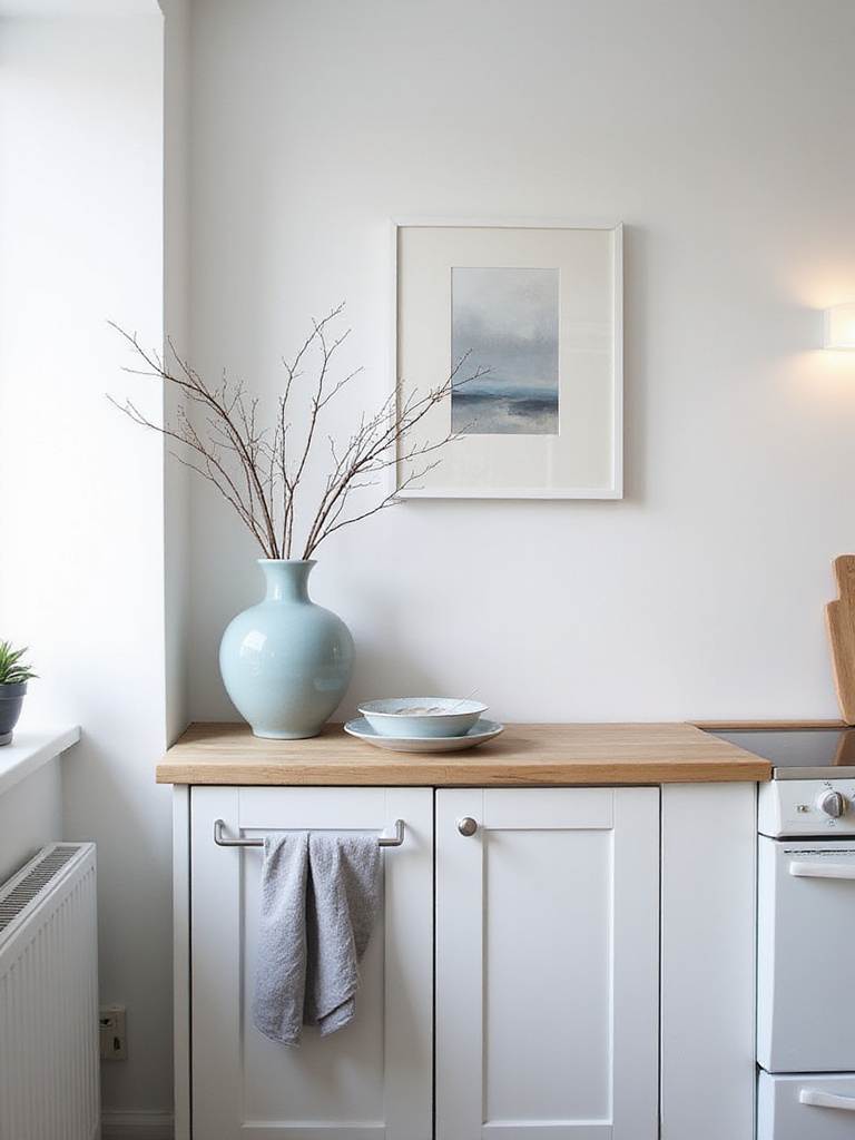 Scandinavian kitchen with subtle gray and blue accents featuring a dusty blue vase and gray towels.