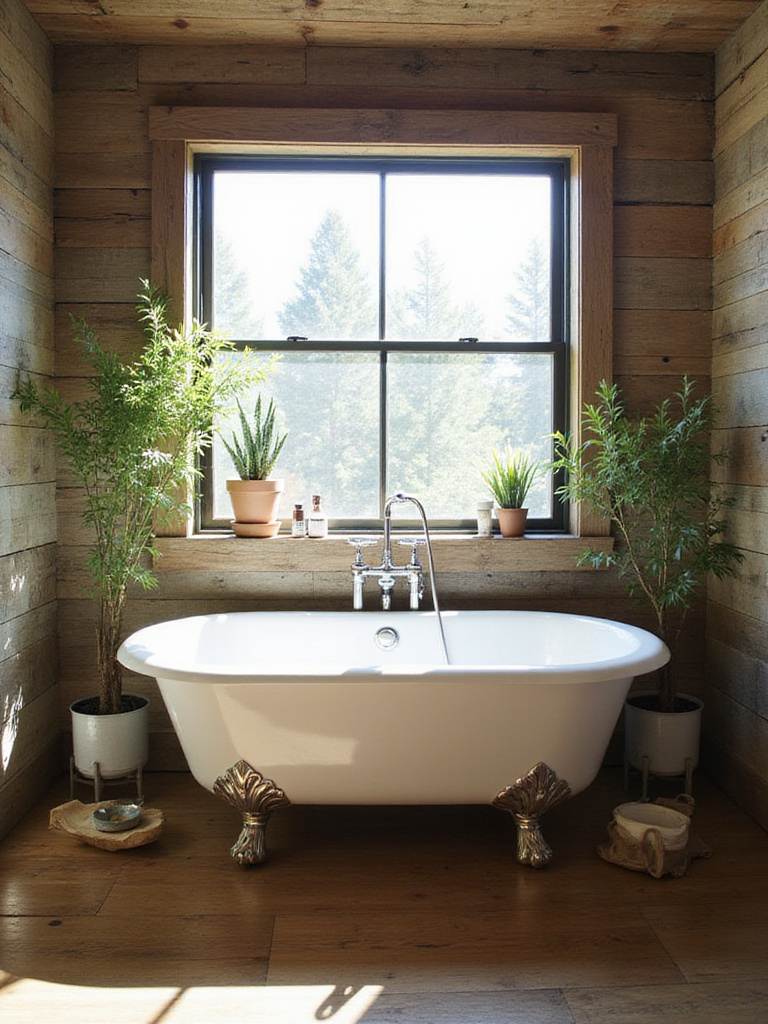 Classic clawfoot tub in a rustic bathroom setting with natural lighting.