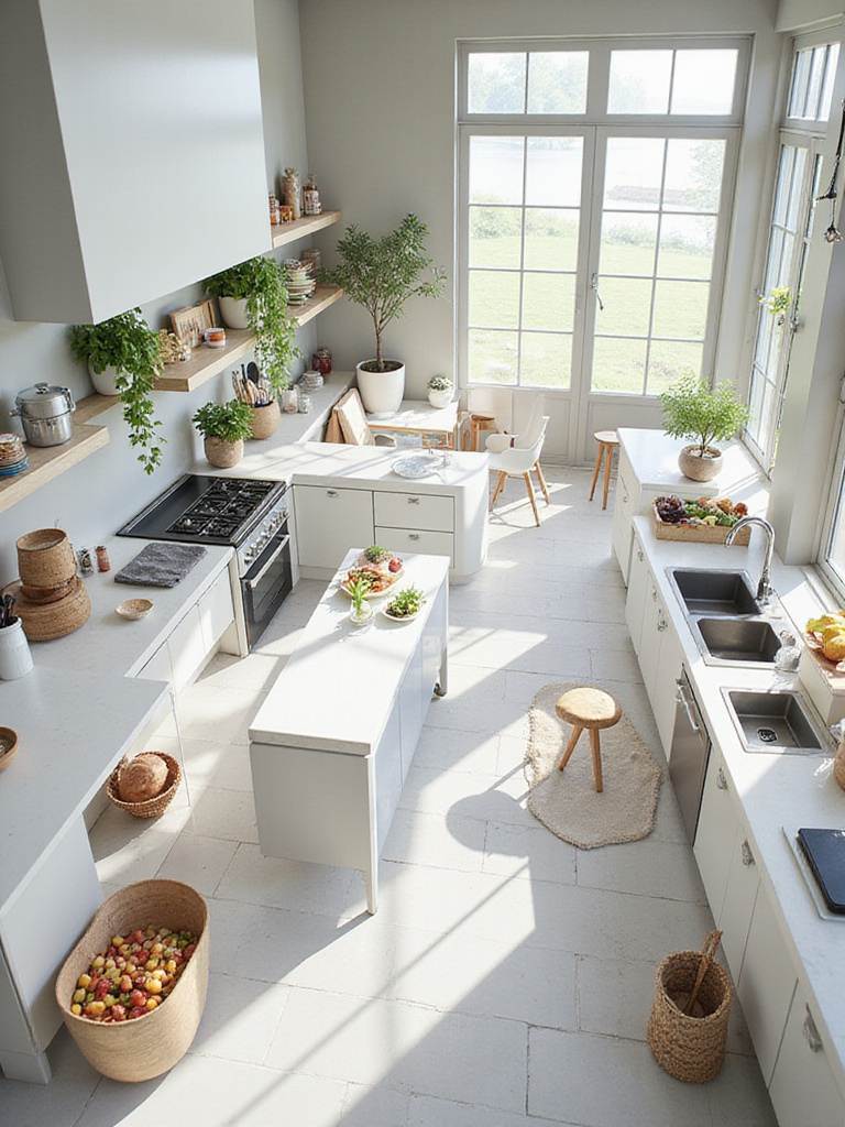 Modern kitchen layout optimized for workflow with distinct zones for cooking, prepping, and cleaning.