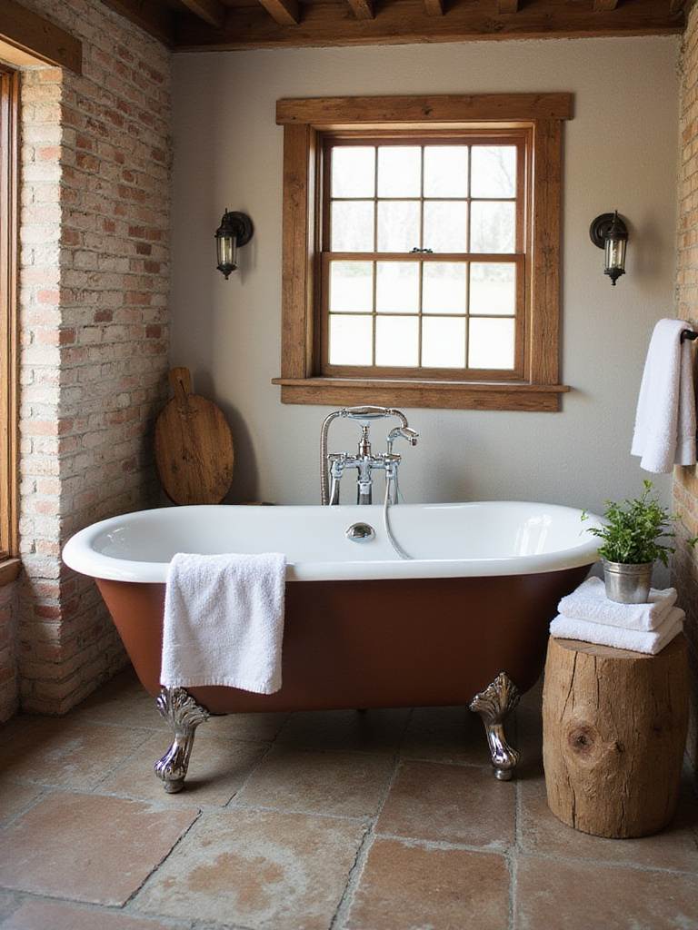 A vintage clawfoot tub in a rustic bathroom setting with natural light and wooden accents.