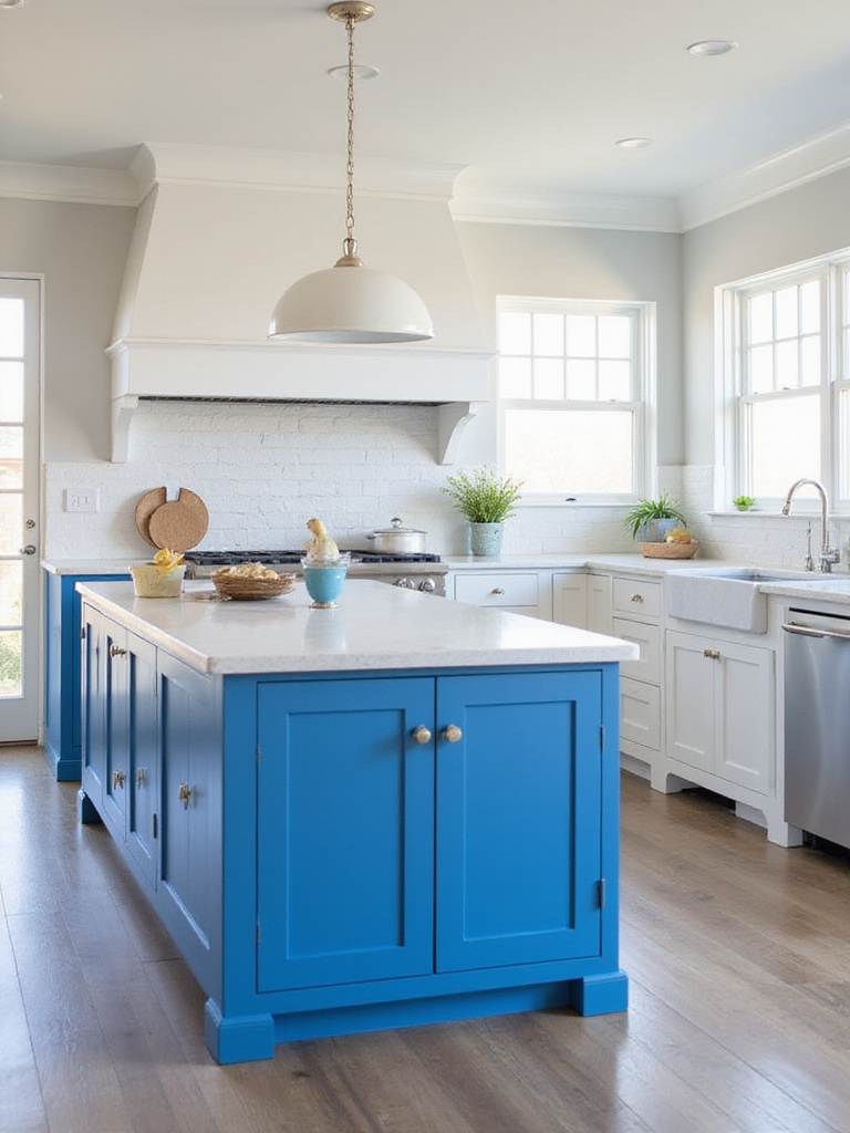 Coastal kitchen with a blue island as a focal point