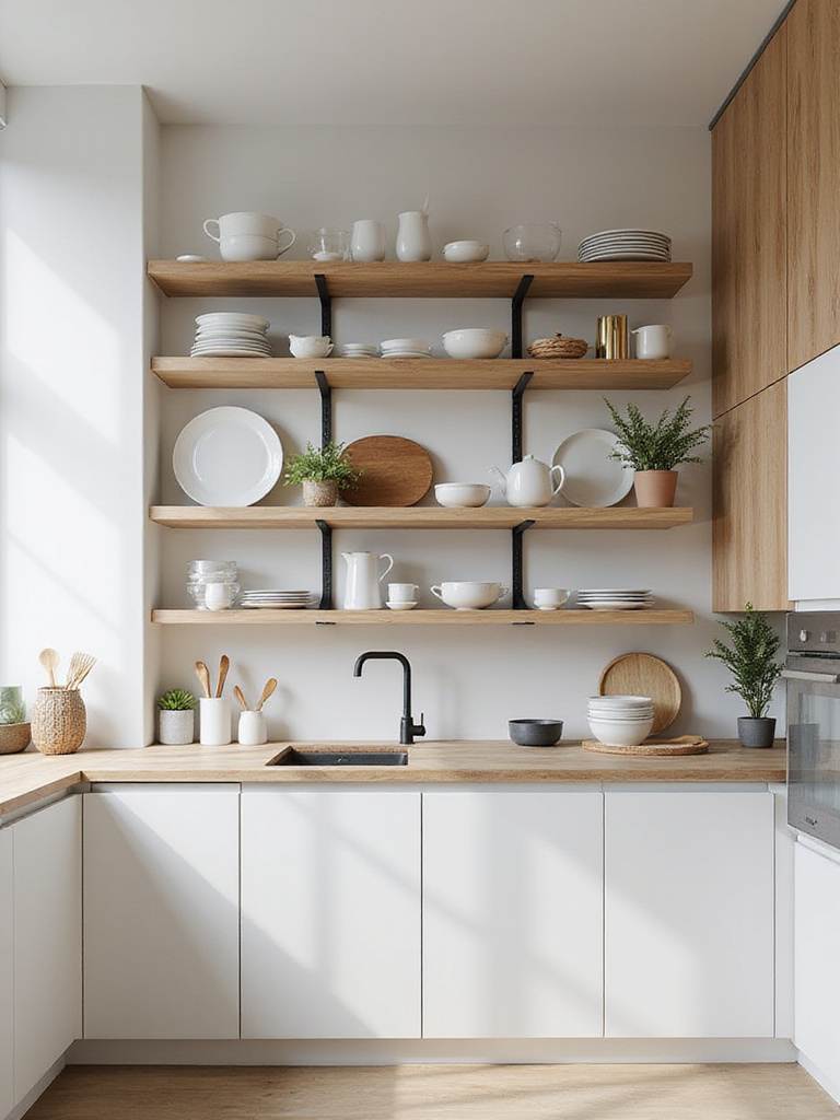 Modern kitchen with open shelving showcasing dishware and decor