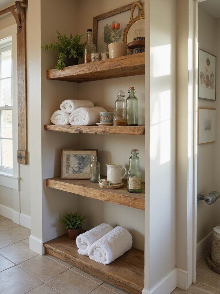 Rustic bathroom with open shelving made from reclaimed barn wood, decorated with towels and plants.