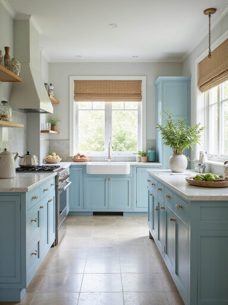 Coastal kitchen featuring soft ocean hues in muted colors.