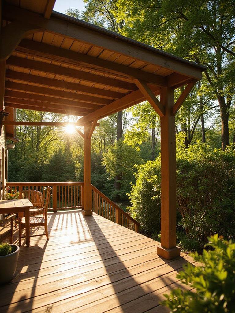 A pergola-style porch with dappled sunlight filtering through the rafters, surrounded by greenery.