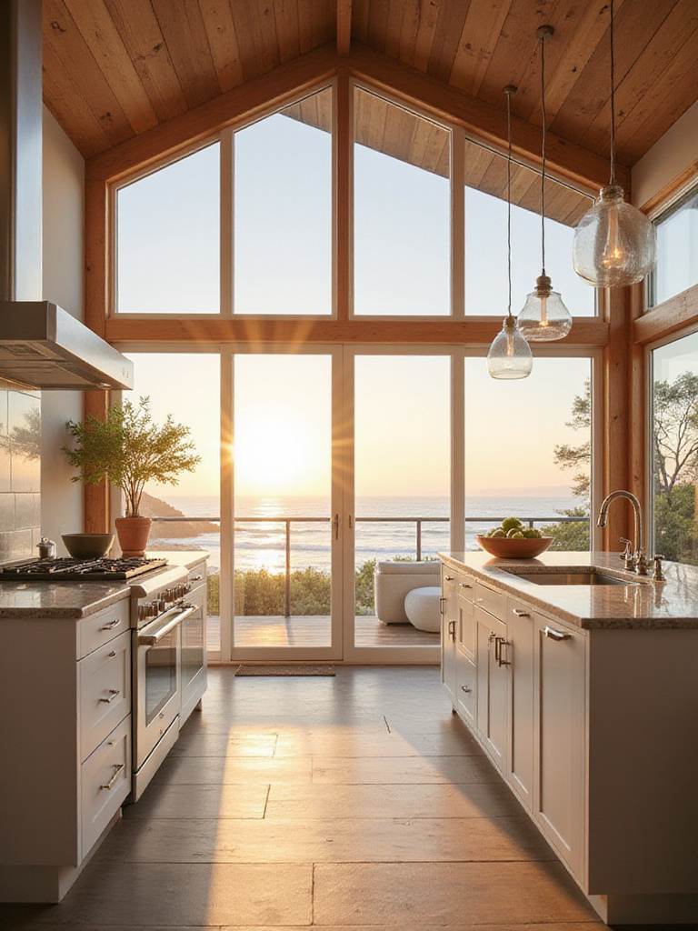 Coastal kitchen with large windows allowing natural light to flood the space