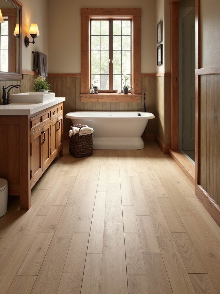 Rustic bathroom with durable wood-look tile flooring, showcasing the wood-like texture and warm ambiance.