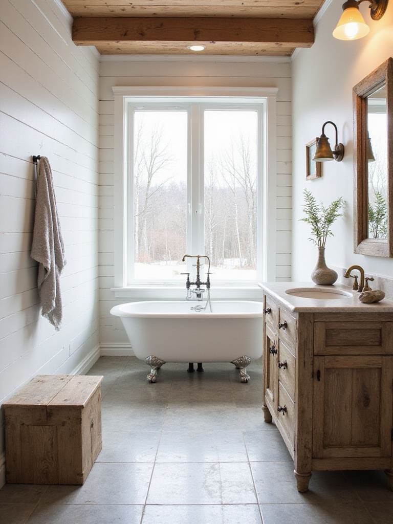 Rustic bathroom design showcasing farmhouse, cabin, and lodge styles with natural light and warm accents.