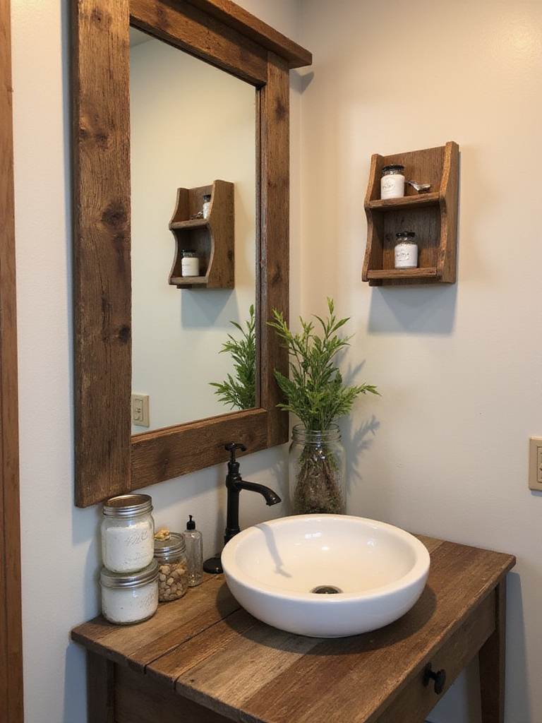 Rustic bathroom decor with reclaimed wood accents and mason jar organizers.