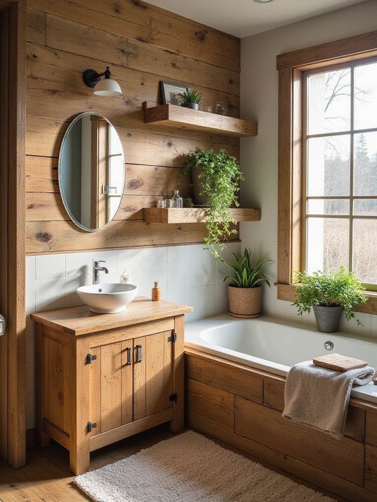 Rustic bathroom featuring DIY pallet wood projects including a vanity and accent wall.
