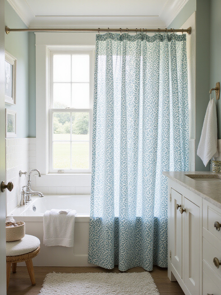 Stylish bathroom with a vibrant statement shower curtain in soft natural light