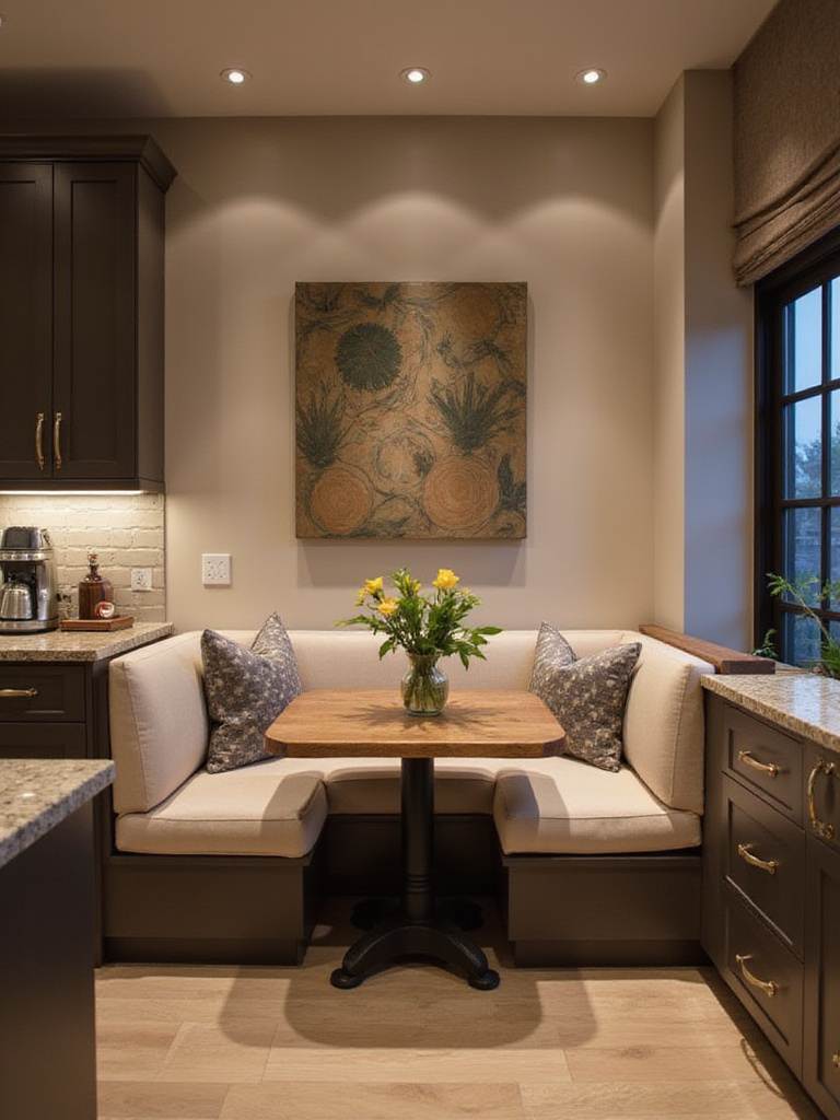 Modern kitchen with comfortable seating area featuring a cozy L-shaped banquette and dining table