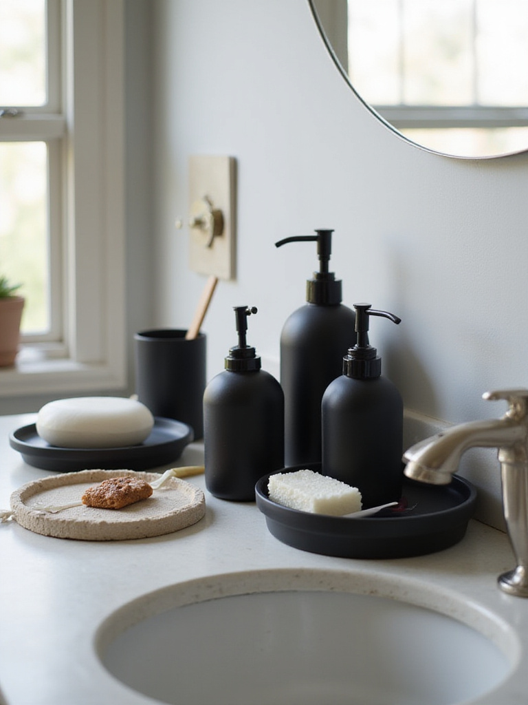 A serene bathroom vanity featuring cohesive matte black ceramic soap dispensers and vanity accessories.