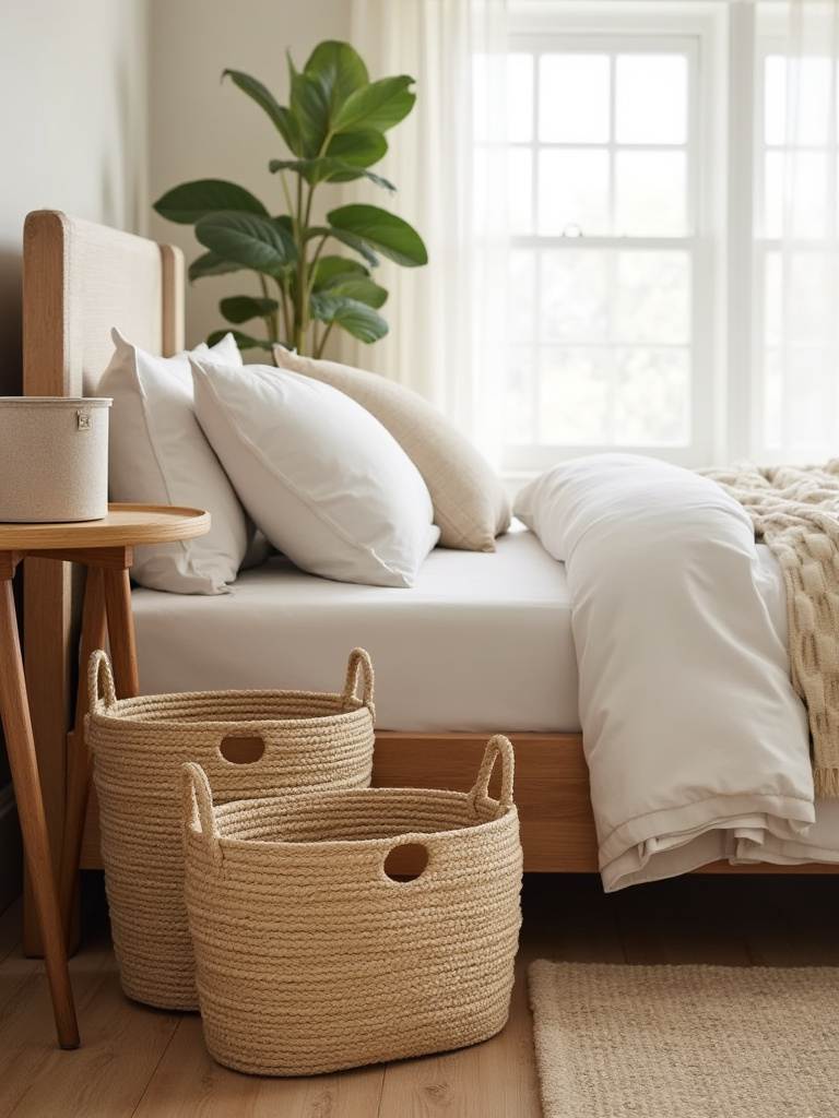 Stylish baskets and containers in a beautifully organized bedroom