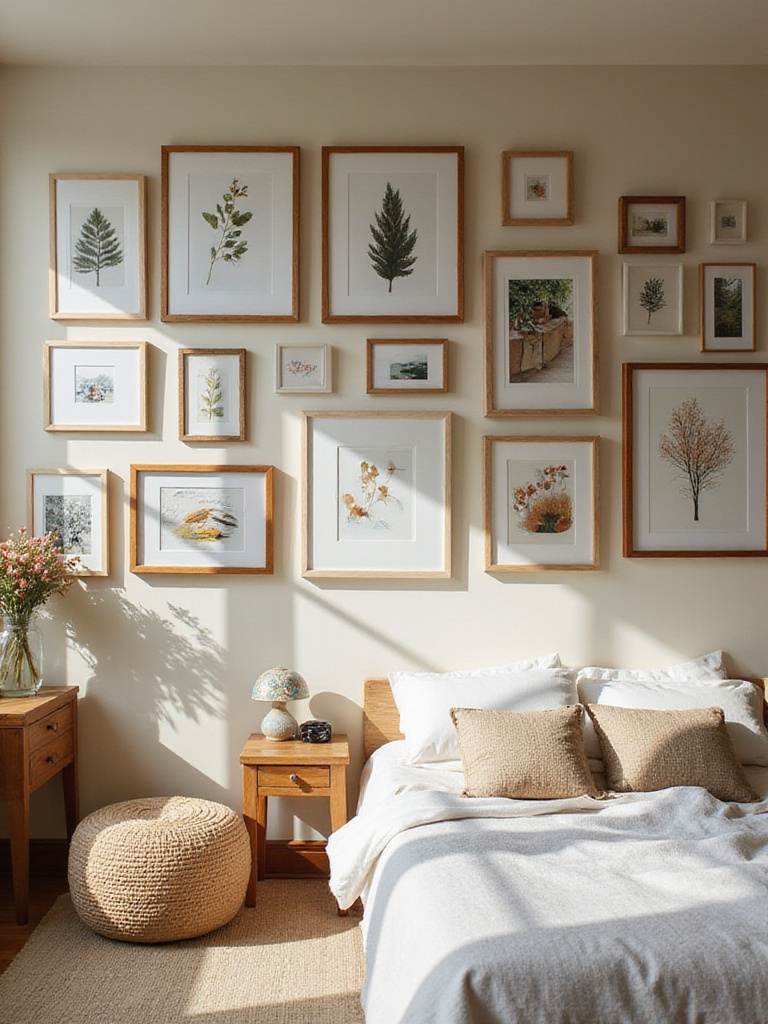 A cozy bedroom featuring a personalized gallery wall with various framed artworks and photographs.