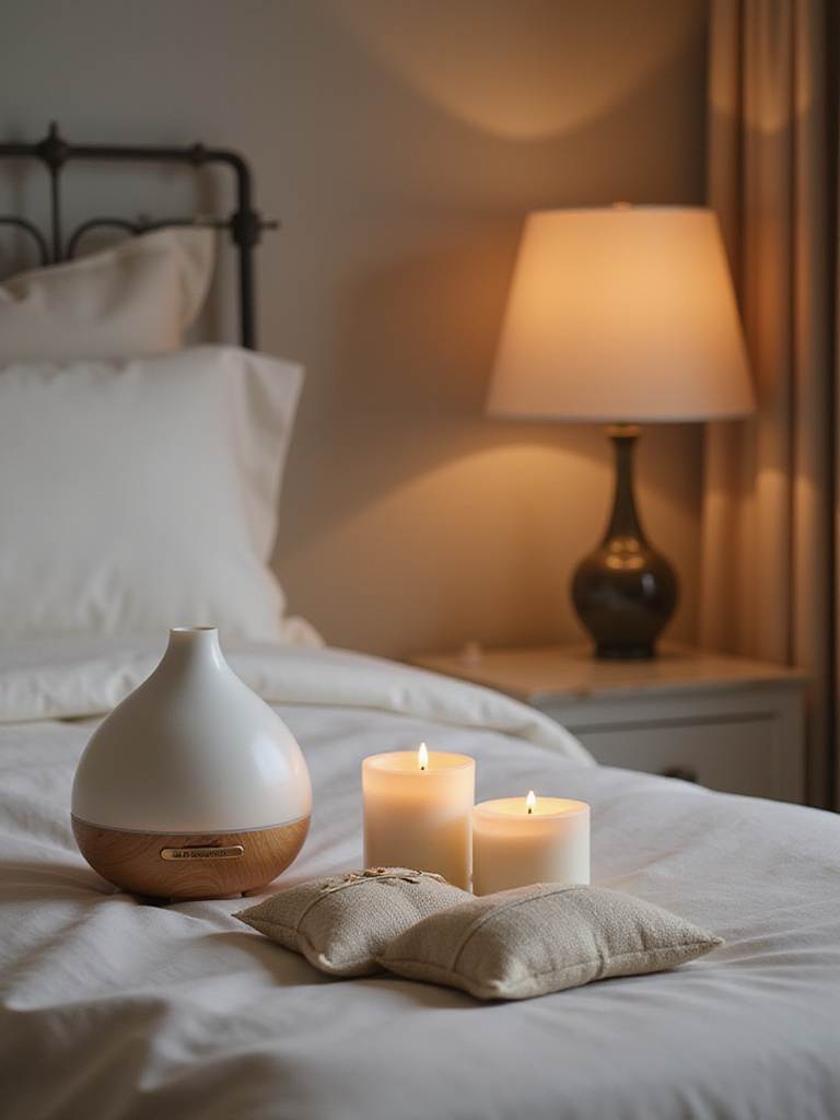 A serene bedroom scene showcasing essential oil diffusers and calming decor to enhance atmosphere.