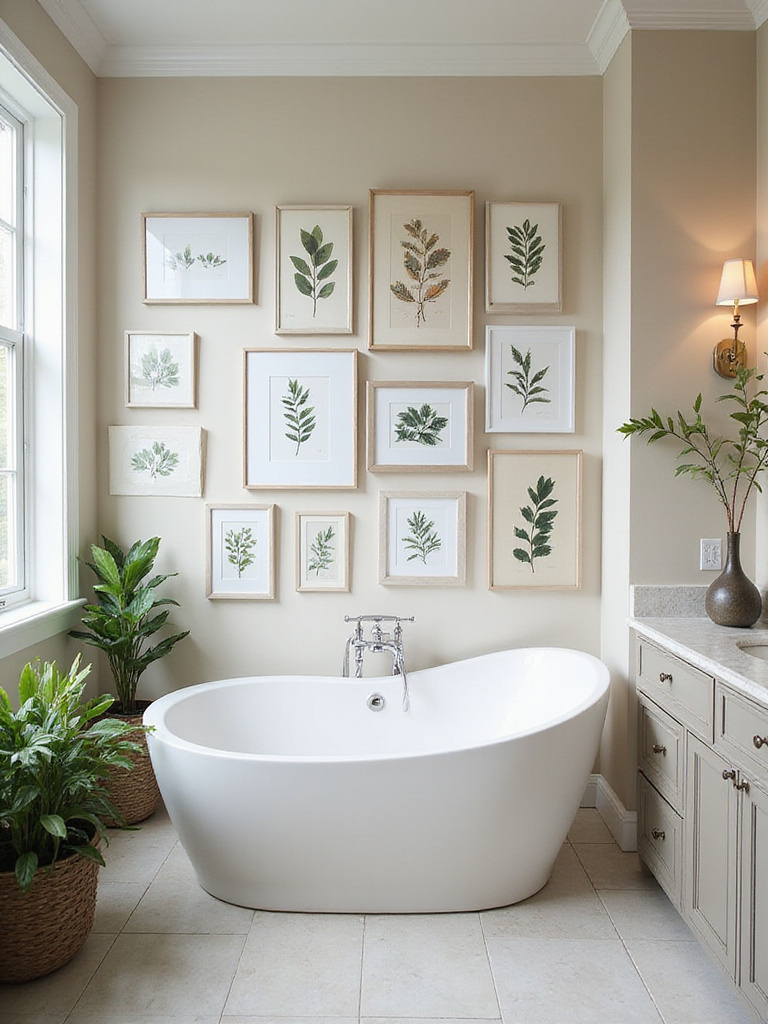 A bathroom with a gallery wall featuring framed artwork and decor.