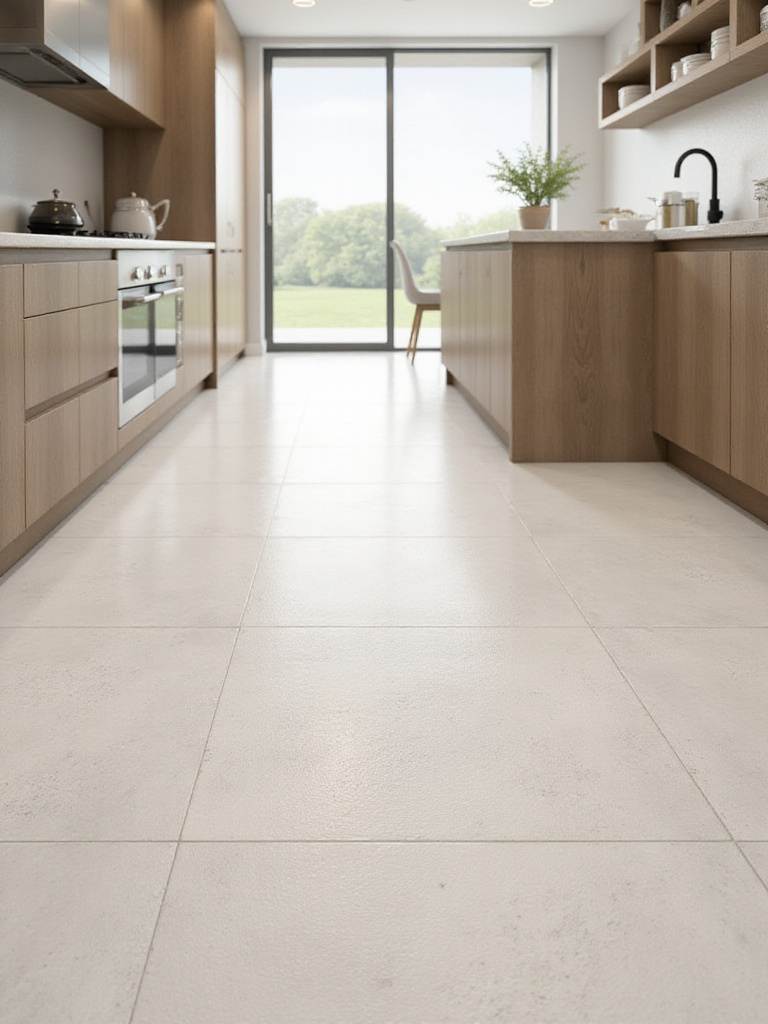 Modern kitchen showcasing slip-resistant floor tiles in a warm and inviting setting.