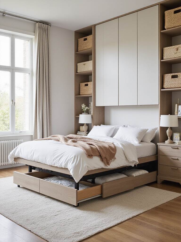 Organized bedroom with aesthetic storage solutions including a platform bed with hidden storage and decorative baskets.