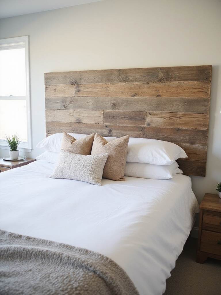 A stylish DIY headboard made of reclaimed wood in a beautifully decorated bedroom.