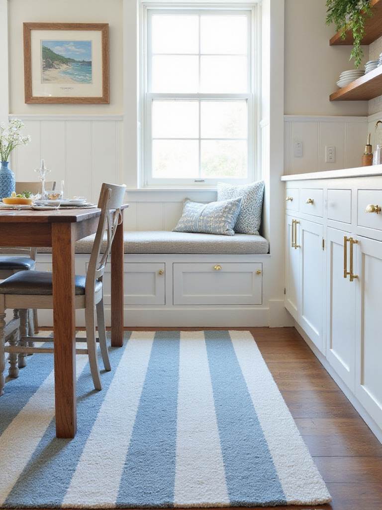 Coastal-inspired rug defining a dining zone in a modern kitchen